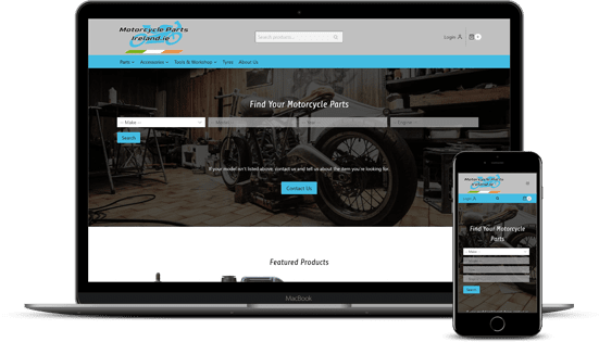 Motorcycle Parts Ireland homepage on laptop and mobile.