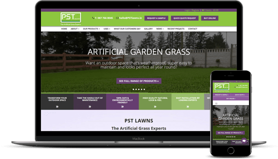 PST Lawns homepage on laptop and mobile.