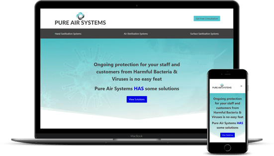 Pure Air Systems homepage on laptop and mobile.