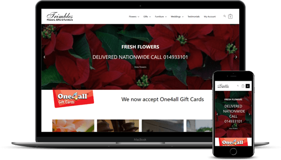 Trimble's Flowers, Gifts & Furniture homepage on laptop and mobile.